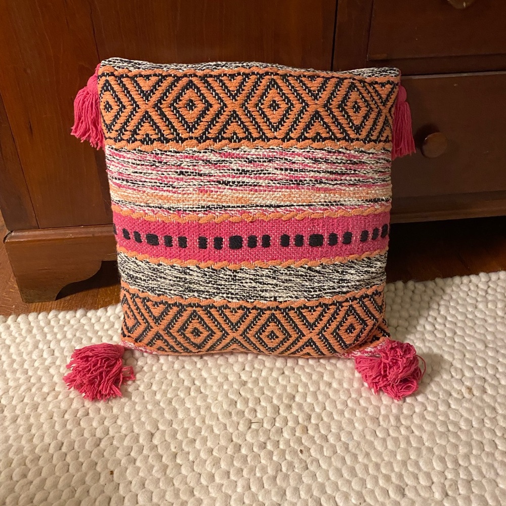 Colorful Orange and Hot Pink Geometric Throw Pillow with Tassels
